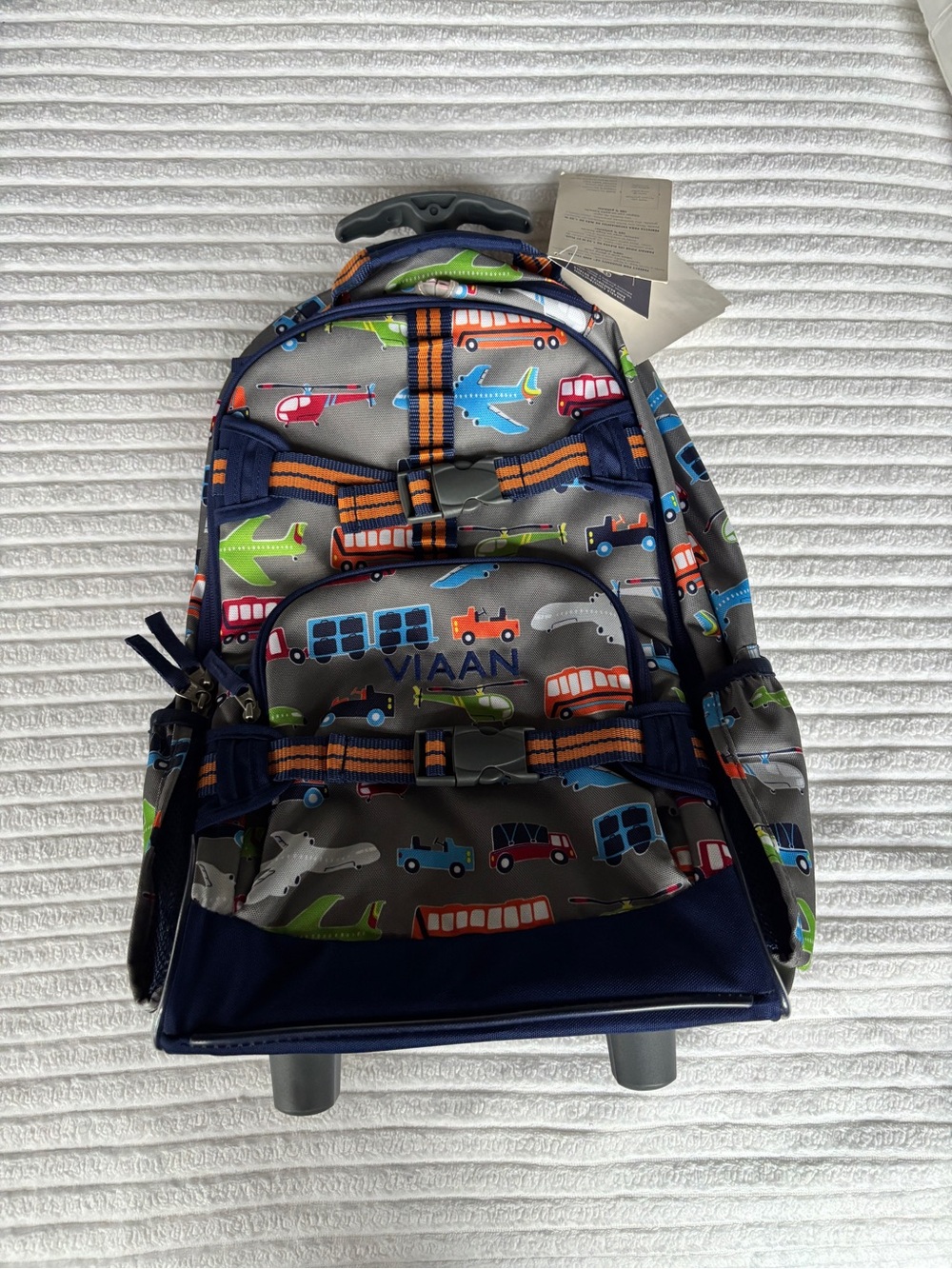 Pottery Barn for Kids Rolling Backpack - Grey with Multi-Vehicle print